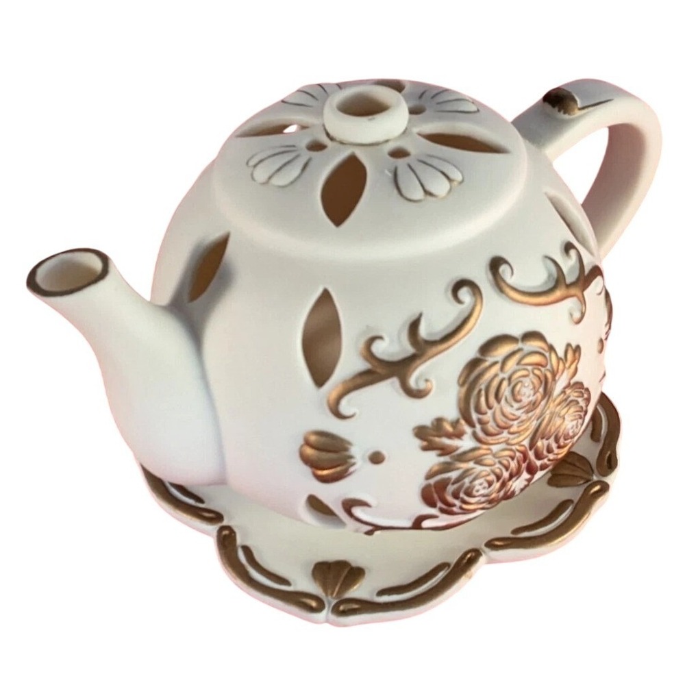 Partylite TEAPOT Tealight Candle Holder TEA TIME Luminary P7301 Porcelain Bisque - Picture 8 of 8